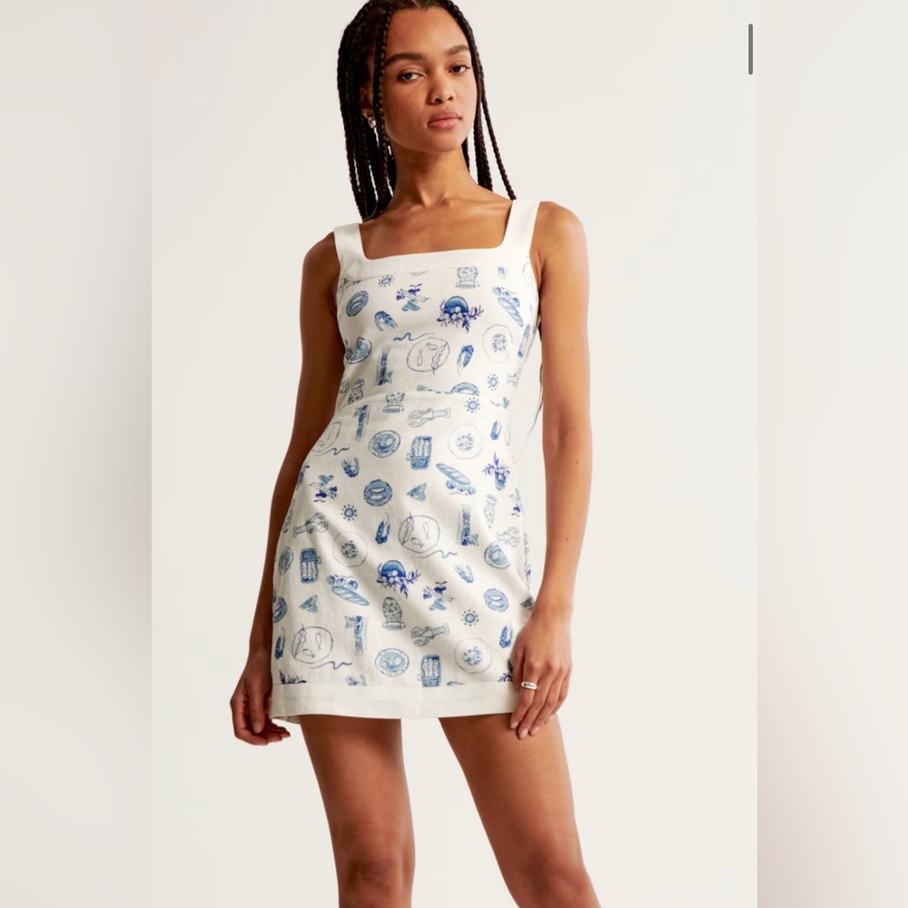 Abercrombie & fitch linen blend wide strap mini dress- white pattern- small